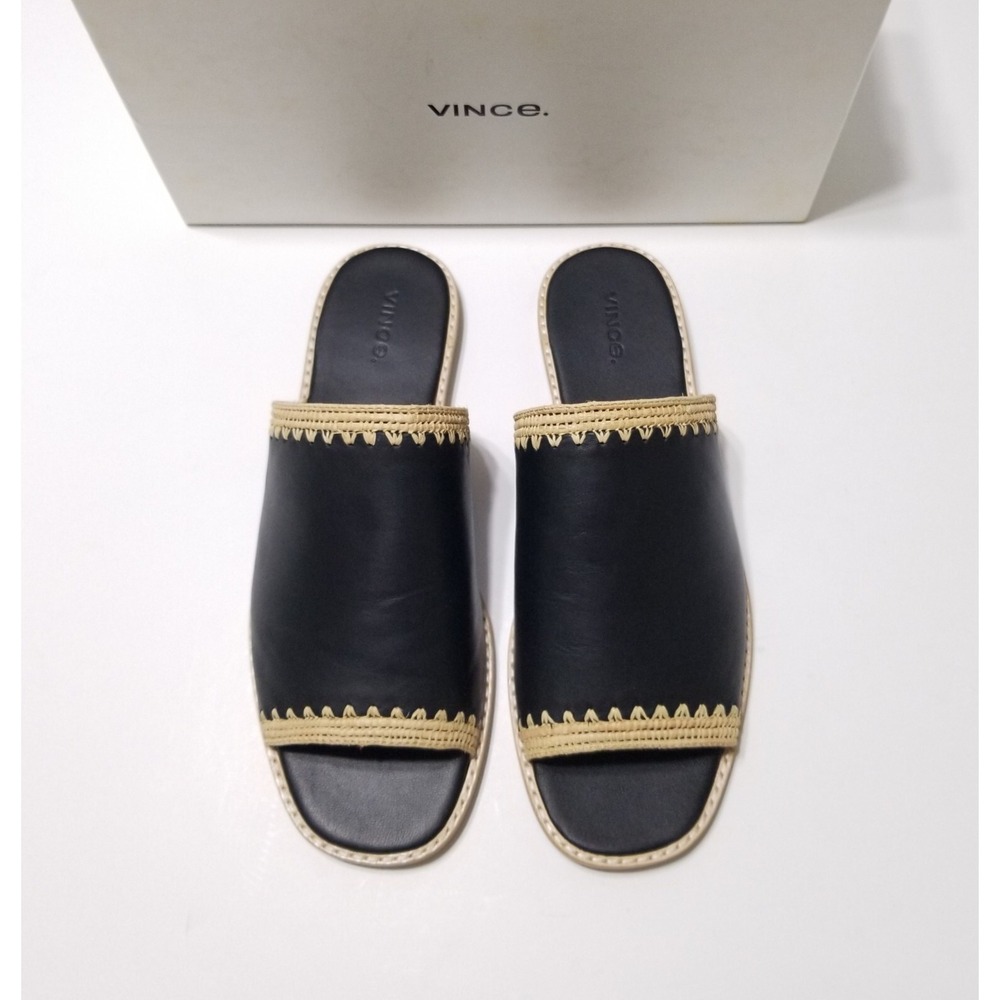 Vince Padmore Leather Raffia Flat Slide Sandals Black NIB Size 10 $250